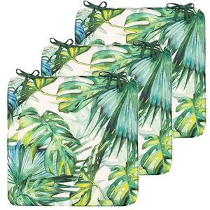 Stoelkussen monstera - 3x - wit/groen - 40 x 40 cm - binnen/buiten