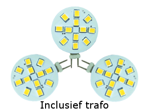 Set 3 x led G4, 2W vervangt 20W, incl. trafo