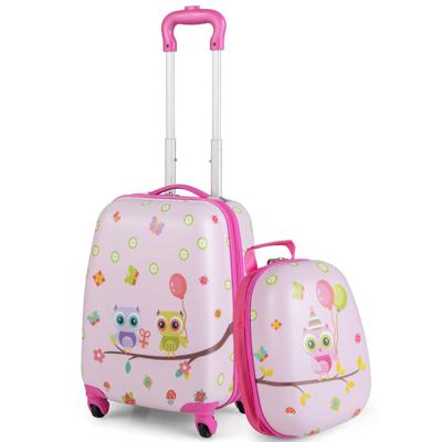 2-Delige Kinderkoffer + Rugzak Kindertrolley van Kunststof Kinderbagage Kinderkofferset 12"+16" Kinderkoffer Roze Vogeltjes