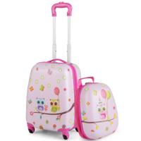 2-Delige Kinderkoffer + Rugzak Kindertrolley van Kunststof Kinderbagage Kinderkofferset 12"+16" Kinderkoffer Roze Vogeltjes