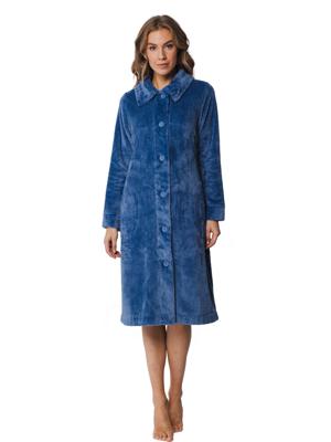 Blauwe damesbadjas met knoopsluiting - zacht fleece-(44-46) L