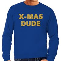 Foute Kersttrui x-mas dude gouden glitter letters blauw heren - thumbnail