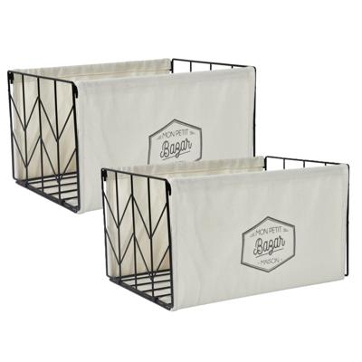 Opbergmand - 2x - Opbergbox - zwart/creme - metaal/stof - 38 x 22 x 28 cm