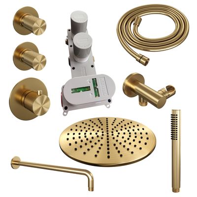 Regendoucheset Inbouw Brauer Gold Carving Thermostatisch 30 cm met Gebogen Wandarm en Handdouche Staaf Losse Stopkranen Geborsteld Goud Brauer