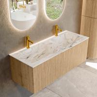 Badmeubel Mondiaz Kurve-Dlux | 120 cm | Meubelkleur Oak | Wastafelkleur Glace | Solid surface | Dubbele spoelbak | 2 kraangaten