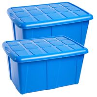 Opslagbox kist van 60 liter met deksel - 2x - Blauw - kunststof - 63 x 46 x 32 cm