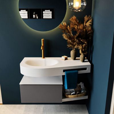 MONDIAZ RIVA 100cm badmeubel onderkast / planchet kleur Dark_Grey met 1 lade. Wastafel DULCET links 1 kraangat kleur Talc. MONDIAZ RIVA 100cm badmeubel onderkast / planchet kleur Dark_Grey met 1 lade. Wastafel DULCET links 1 kraangat kleur Talc.