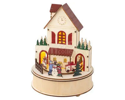 Kersttafereel Kersthuis Hout met LED, Beweging en Muziek