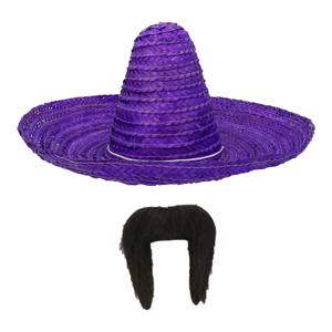 Carnaval verkleed set - Mexicaanse sombrero hoed met plaksnor - paars - heren