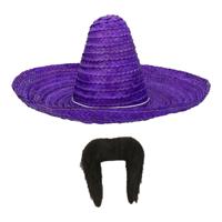 Carnaval verkleed set - Mexicaanse sombrero hoed met plaksnor - paars - heren - thumbnail