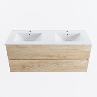 MONDIAZ VICA 120cm badmeubel onderkast Washed Oak 2 lades. Wastafel DENIA dubbel 2 kraangaten, kleur Glanzend Wit.