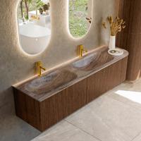 Badmeubel Mondiaz Kurve-Dlux | 175 cm | Meubelkleur Walnut | Wastafelkleur Oza | Solid surface | Dubbel / Links spoelbak | 2 kraangaten
