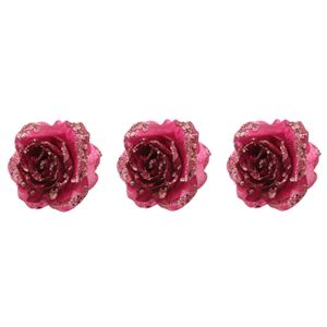 6x stuks decoratie bloemen roos framboos roze (magnolia) glitter op clip 14 cm