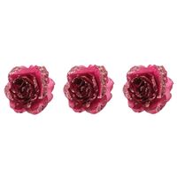 6x stuks decoratie bloemen roos framboos roze (magnolia) glitter op clip 14 cm - thumbnail