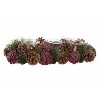 Kerststukje theelichthouder tafel ornament - roze/bruin - 38 x 15 x 9,5 cm - tafel ornament - thumbnail