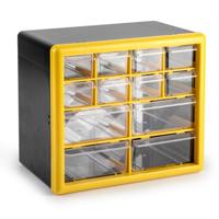 Sorteerbakjes spijkers/schroeven - 12x lades - 26 x 16 x 23 cm - opbergkastjes - ophangbaar - geel Sorteerbakjes spijkers/schroeven - 12x lades - 26 x 16 x 23 cm - opbergkastjes - ophangbaar - geel