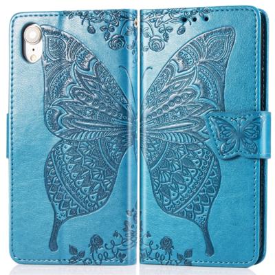 Butterfly Love bloemen reliëf horizontale Flip lederen case voor iPhone XR met houder & kaartsleuven & portemonnee & Lanyard (blauw)