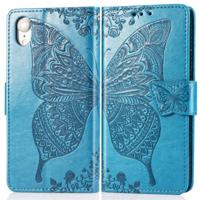 Butterfly Love bloemen reliëf horizontale Flip lederen case voor iPhone XR met houder & kaartsleuven & portemonnee & Lanyard (blauw)