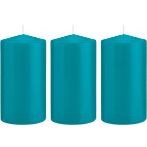 Cilinderkaars/stompkaars - 3x - turquoise - 8 x 15 cm - 69 branduren