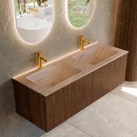 Badmeubel Mondiaz Kurve-Dlux | 130 cm | Meubelkleur Walnut | Wastafelkleur Saba | Solid surface | Wasbak beide zijden spoelbak | 2 kraangaten