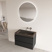 Fontana Freestone badkamermeubel mat zwart 80cm met natuurstenen wastafel zonder kraangat en ronde spiegel