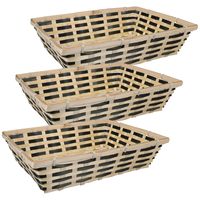 Broodmand rechthoekig - 3x - naturel/zwart - gevlochten bamboe hout - 39 x 29 x 10 cm