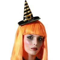 Halloween heksenhoed - mini hoedje op diadeem - one size - zwart/oranje - meisjes/dames - thumbnail