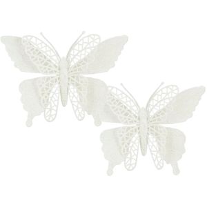House of Seasons vlinders op clip - 2x stuks - wit glitter - 16 cm   -