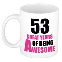 53 great years of being awesome cadeau mok / beker wit en roze - thumbnail