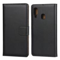 Lederen horizontale Flip holster voor Galaxy A20E met magnetische sluiting en beugel en kaartsleuf en portemonnee (zwart)