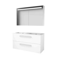 Basic-Line Premium 46 Badkamermeubelset - 120 x 46 cm - Met Grepen - 2 Lades - Keramische Wastafel - 2 Kraangaten - Spiegelkast met LED Verlichting - Ice White
