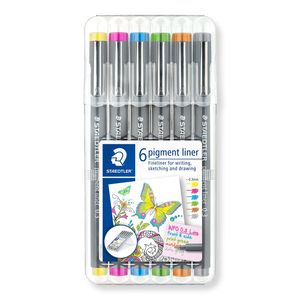 Staedtler Pigment Liner fijnschrijver Extra fijn Bruin, Grijs, Lichtblauw, Lichtgroen, Magenta, Geel 6 stuk(s)