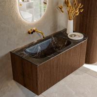 Badmeubel Mondiaz Kurve-Dlux | 105 cm | Meubelkleur Walnut | Wastafelkleur Lava | Solid surface | Links spoelbak | Zonder kraangat(en) Badmeubel Mondiaz Kurve-Dlux | 105 cm | Meubelkleur Walnut | Wastafelkleur Lava | Solid surface | Links spoelbak | Zonder kraangat(en)