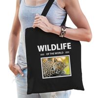 Luipaard tasje zwart volwassenen en kinderen - wildlife of the world kado boodschappen tas - thumbnail