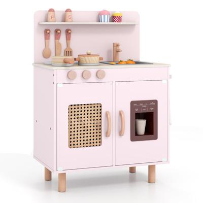 Speelkeuken voor Kinderen Houten Keuken met Realistische Ijsmachine Fornuis Accessoires & Gootsteen Speelgoedkeuken met Opbergruimte Kinderkeuken met Licht & Geluid-Roze