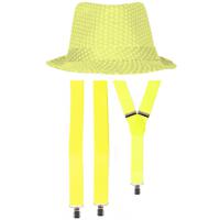 Carnaval verkleedset Partyman - glitter hoedje en bretels - neon geel - heren - verkleedkleding - thumbnail