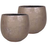 Set van 2x stuks bloempot/plantenpot schaal van keramiek glanzend brons kleur motief D15/13 cm en H1