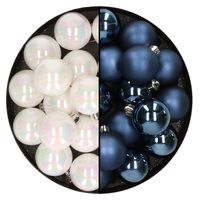 32x stuks kunststof kerstballen mix van parelmoer wit en donkerblauw 4 cm   -