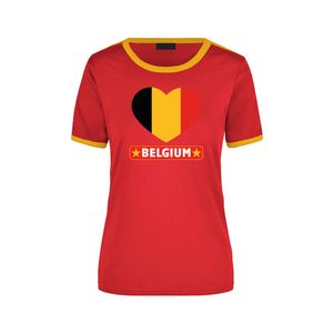 Belgium rood / geel ringer t-shirt Belgie vlag in hart voor dames