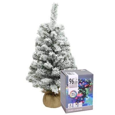 Everlands Mini kerstboom - 60 cm - met sneeuw - en kerstverlichting gekleurd