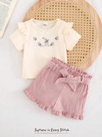 Bon&Bon Baby Girl Cute Floral & Rabbit Cartoon Print Round Neck Short Cap Sleeve Pullover Top And Elastic Waist Bow Decor Casual Shorts 2 Pieces Set, Multicolor / 9-12M