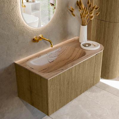 Badmeubel Mondiaz Kurve-Dlux | 95 cm | Meubelkleur Dusk | Wastafelkleur Arena | Solid surface | Wasbak linker zijde spoelbak | Zonder kraangat(en)