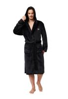 Zwarte herenbadjas met kroonborduring borst - capuchon - fleece-l