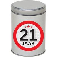 Cadeau/kado zilver rond blik 21 jaar 13 cm - thumbnail