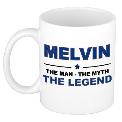 Melvin cadeau mok - man myth legend - naam koffiemok / beker - wit en blauw - 300 ml