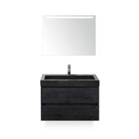 Dante Badmeubelset 80 cm - Black Oak - Wastafel Hardsteen Wit Lucca - met Sence Spiegel