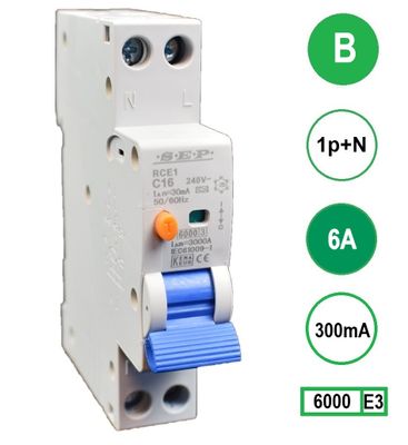 Aardlekautomaat 6A B KAR 300mA 2 polig 18mm breed Kema Keur 230V automaat en aardlek in een module