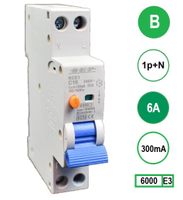 Aardlekautomaat 6A B KAR 300mA 2 polig 18mm breed Kema Keur 230V automaat en aardlek in een module
