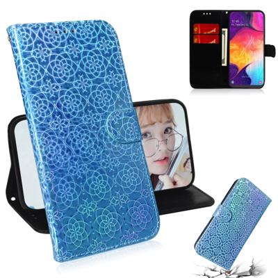 Voor Galaxy A50 effen kleur kleurrijke magnetische Buckle horizontale Flip PU lederen draagtas met houder & kaartsleuven & portemonnee & Lanyard (blau