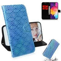 Voor Galaxy A50 effen kleur kleurrijke magnetische Buckle horizontale Flip PU lederen draagtas met houder & kaartsleuven & portemonnee & Lanyard (blau